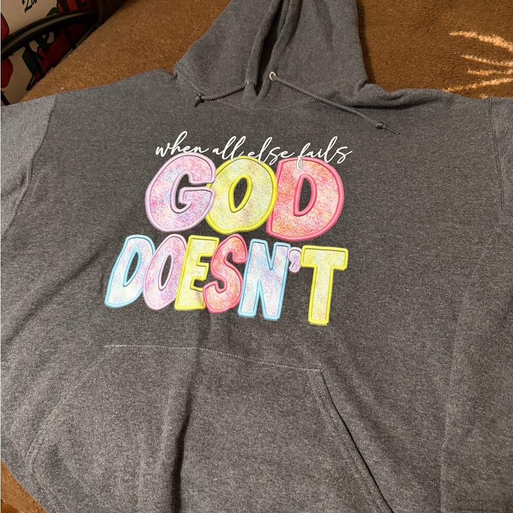 Gray Hoodie with Colorful Graphic Text size large- new